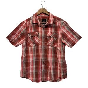 Prana Mens Button Up Shirt Size M Outdoor Short Sleeve Plaid Organic Cotton Snap